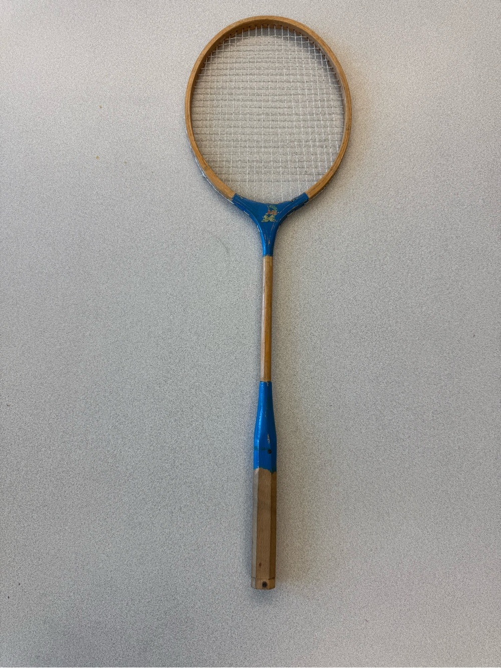 Wooden Badminton Racket with Blue Accents